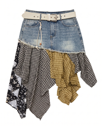 Jiufen Patchwork Asymmetric Denim Skirt