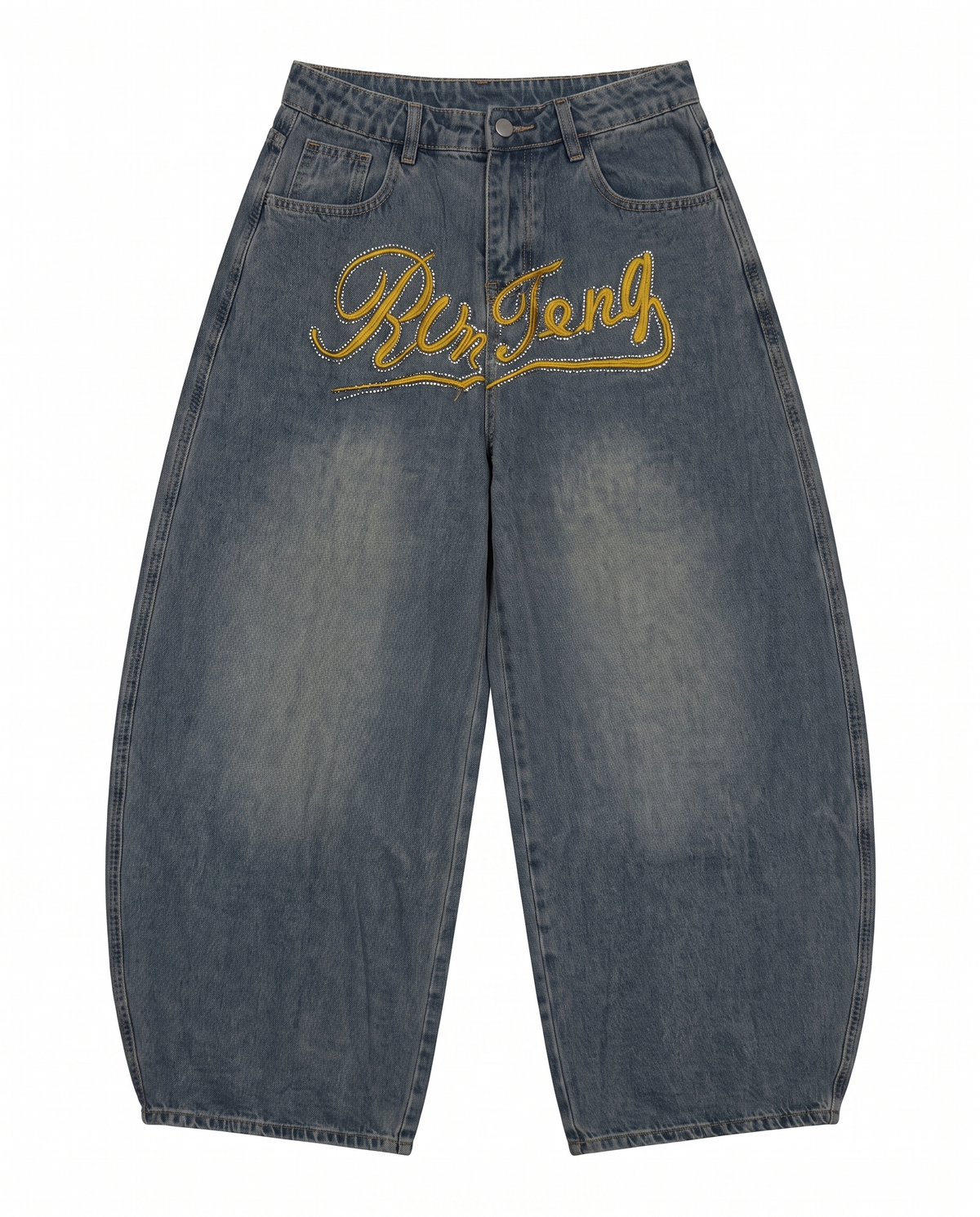Dongdaemun Script Rhinestone Baggy Denim