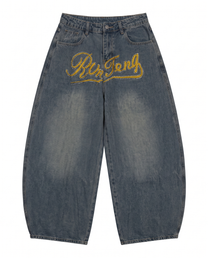 Dongdaemun Script Rhinestone Baggy Denim